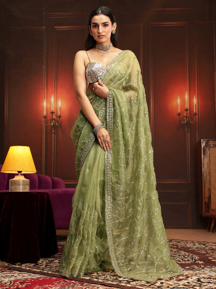 Libas Art Pista Green Embellished Tissue Saree