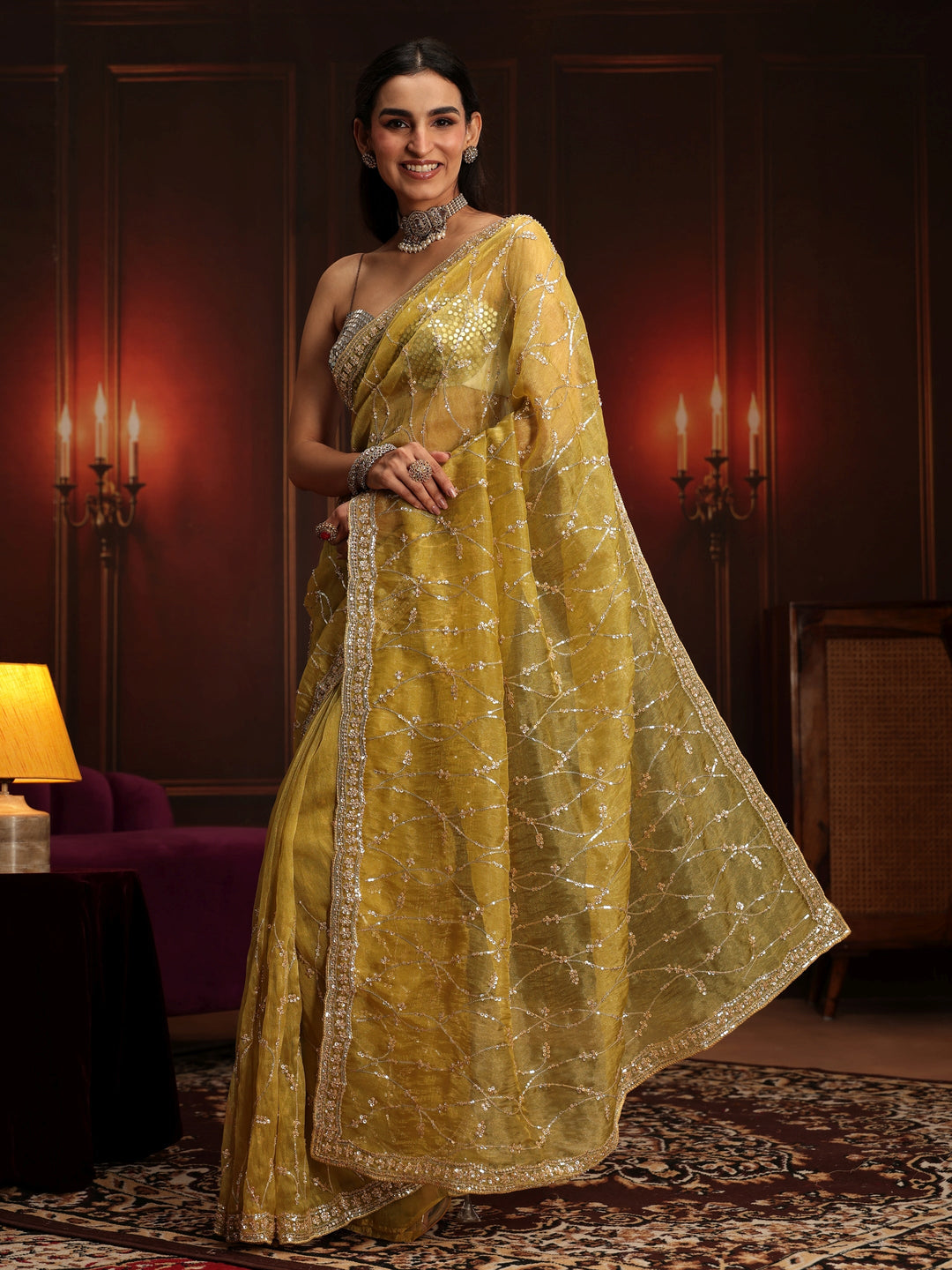 Libas Art Yellow Embellished Tissue Saree