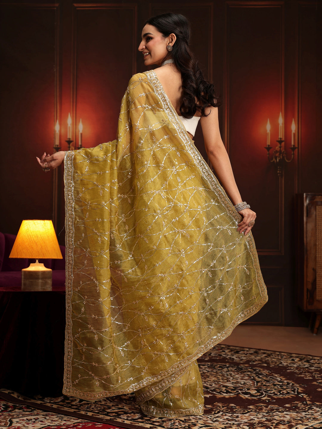 Libas Art Yellow Embellished Tissue Saree