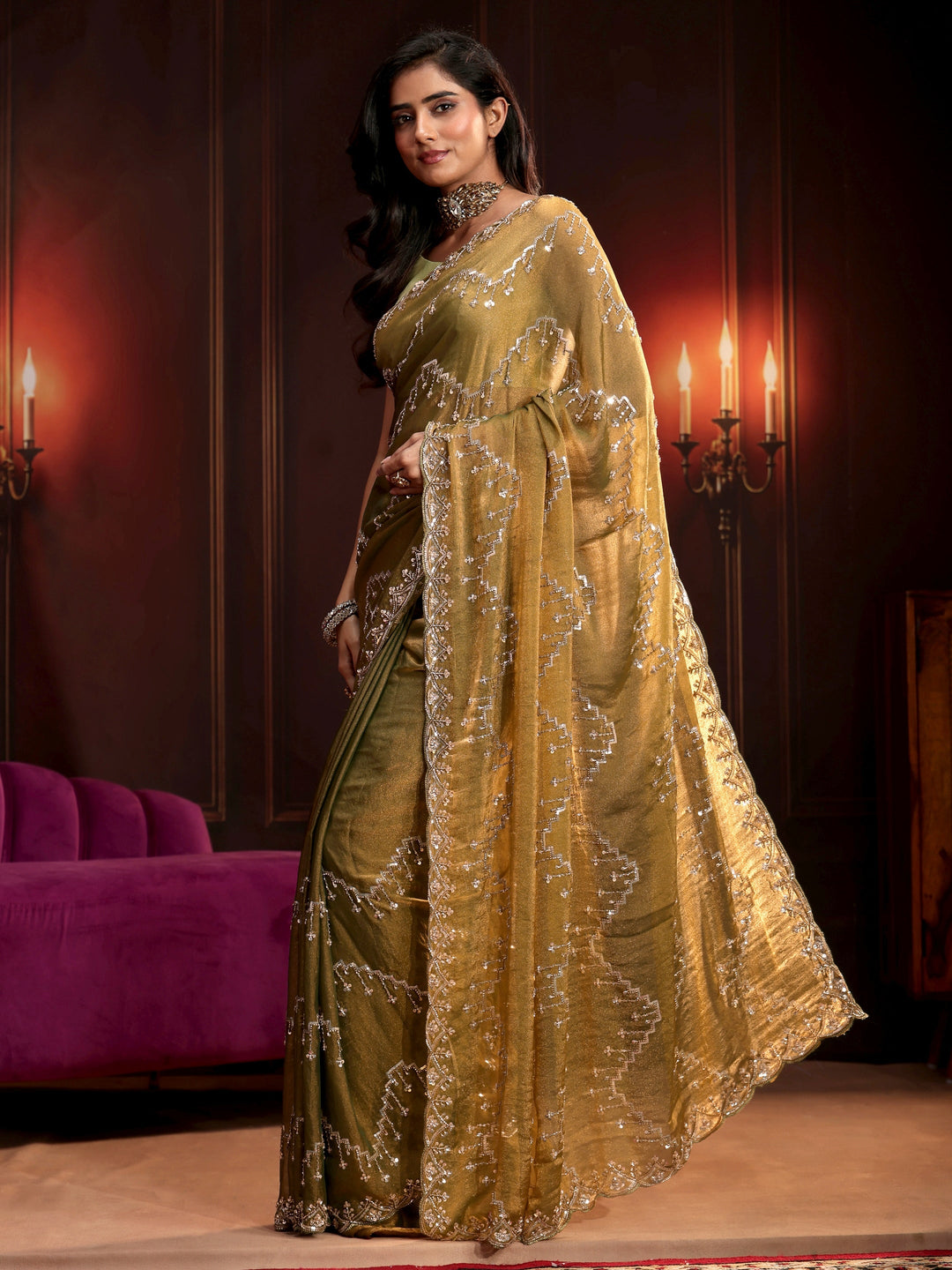 Libas Art Dusty Olive Green Embellished Tissue Saree