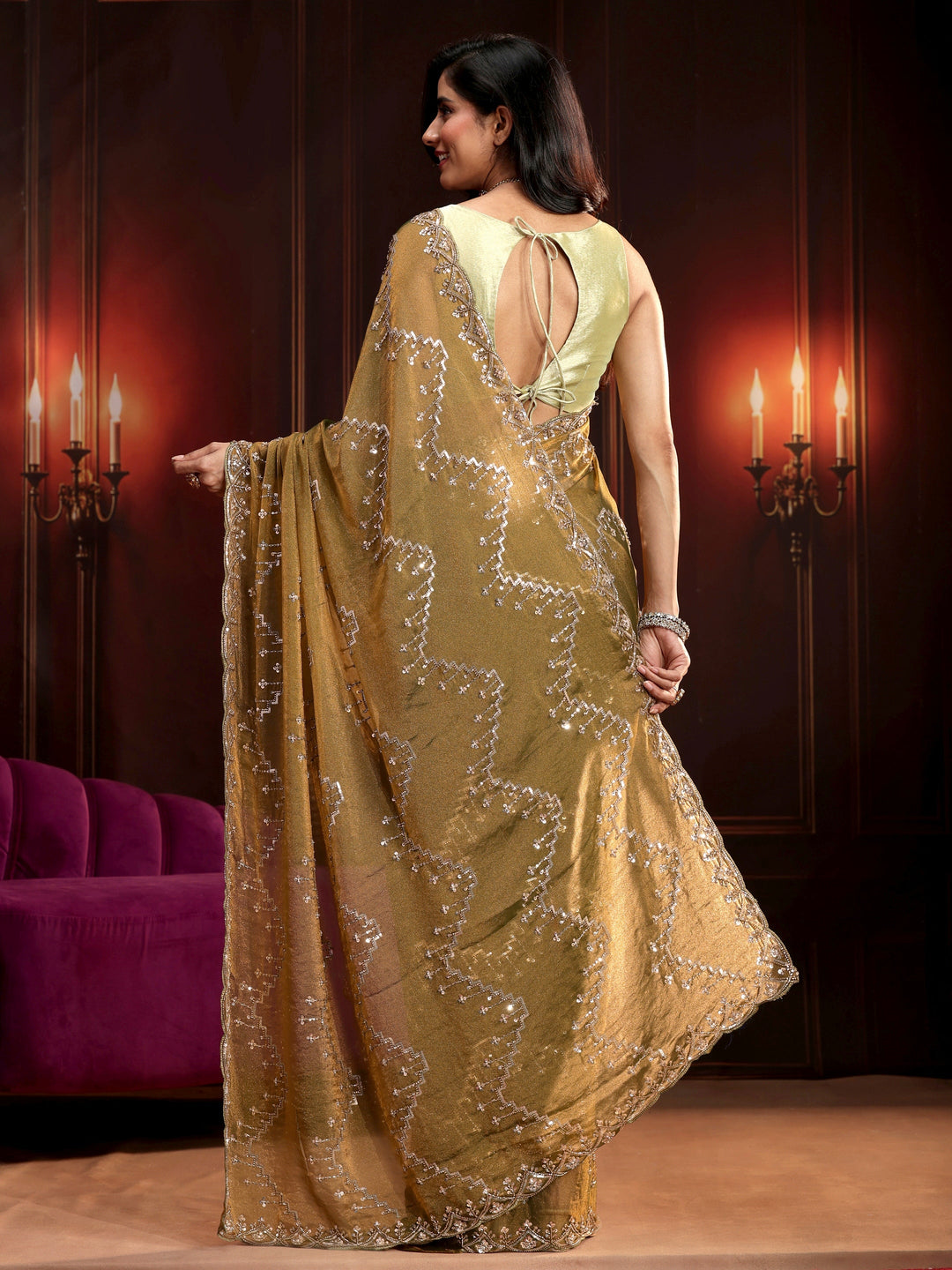 Libas Art Dusty Olive Green Embellished Tissue Saree