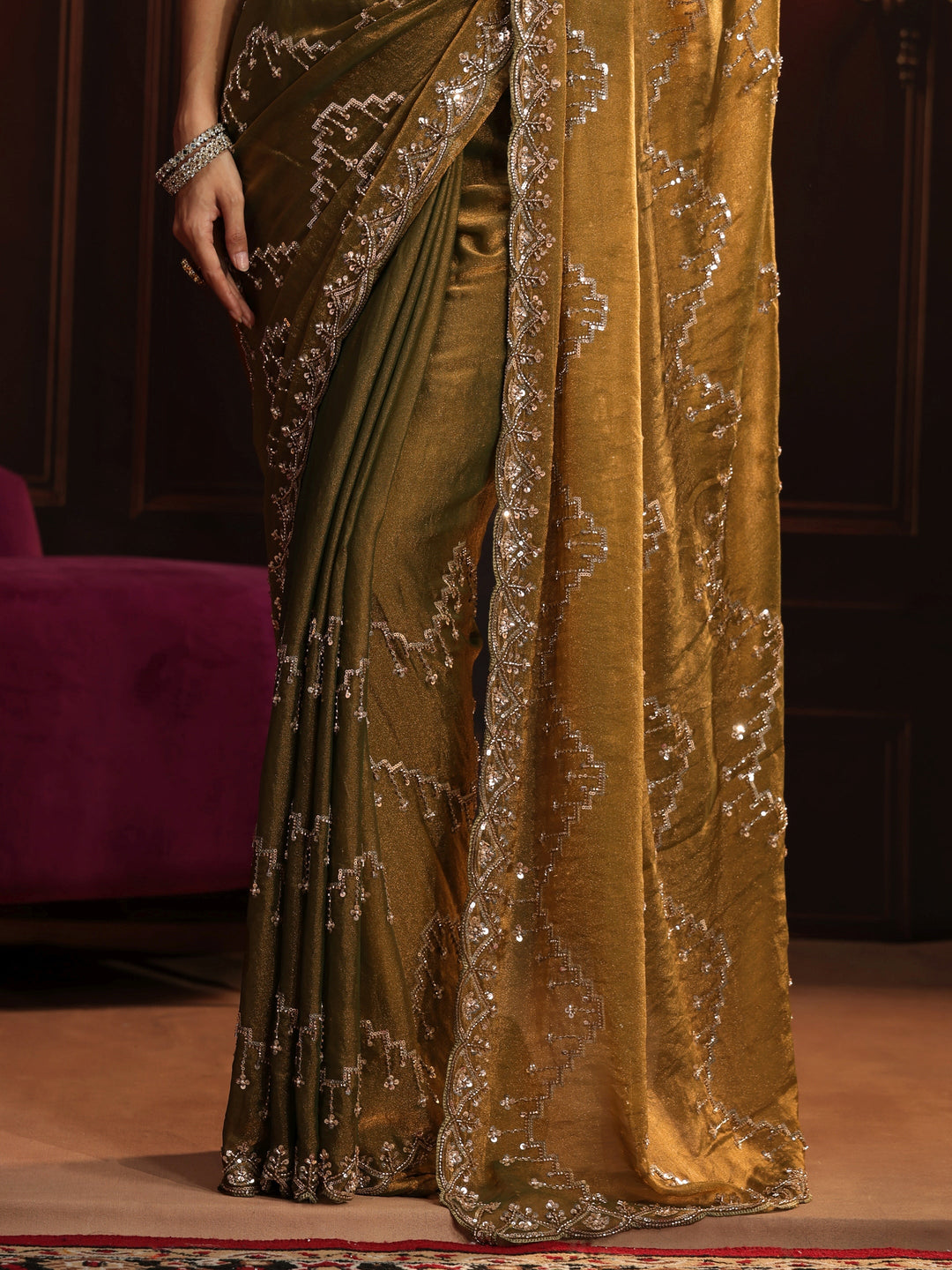 Libas Art Dusty Olive Green Embellished Tissue Saree