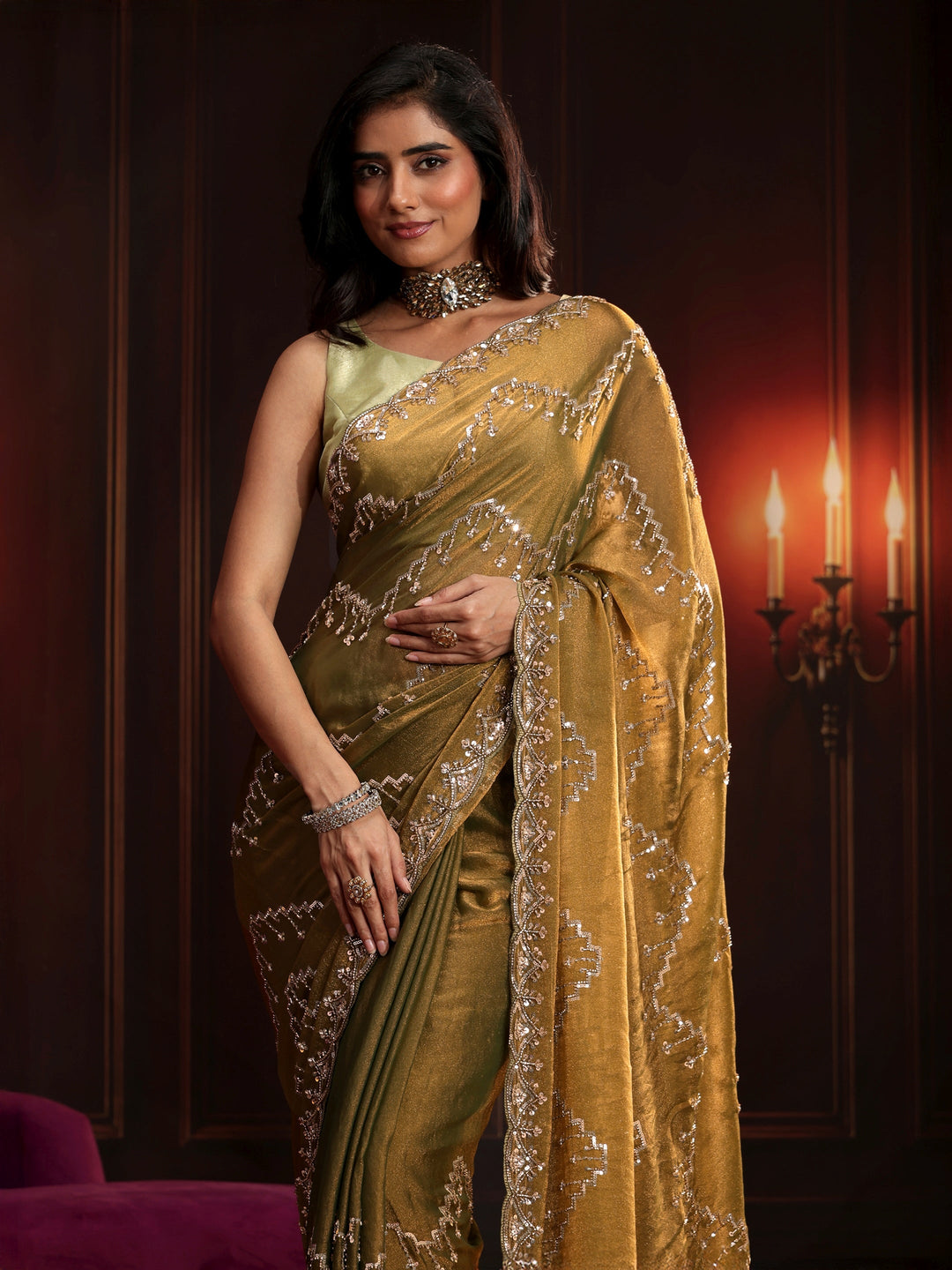 Libas Art Dusty Olive Green Embellished Tissue Saree
