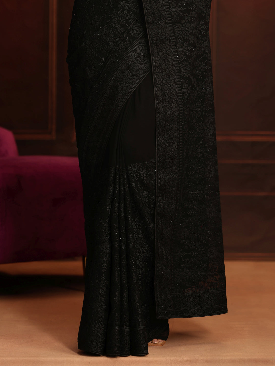 Libas Art Black Floral Embroidered Georgette Saree