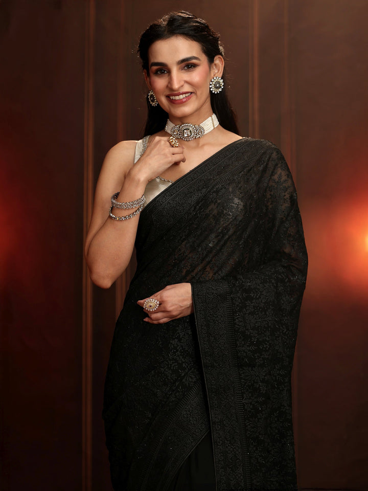 Libas Art Black Floral Embroidered Georgette Saree