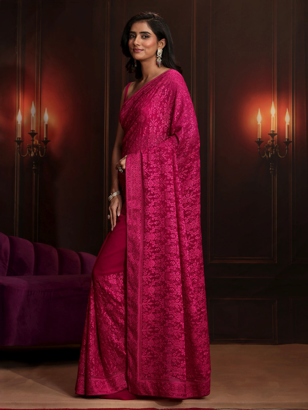 Libas Art Rani Pink Floral Embroidered Georgette Saree