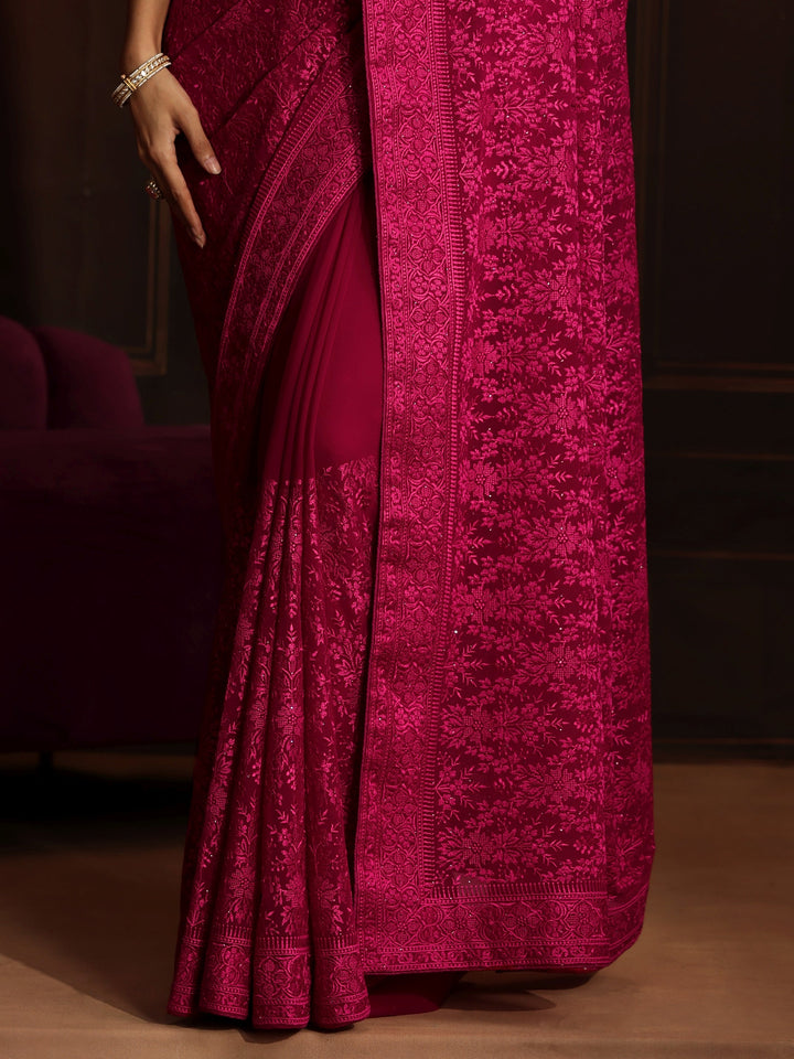 Libas Art Rani Pink Floral Embroidered Georgette Saree
