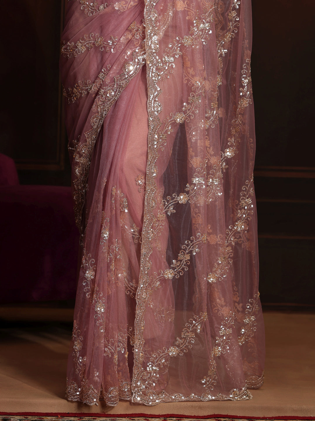 Libas Art Dusty Rose Pink Embellished Net Saree