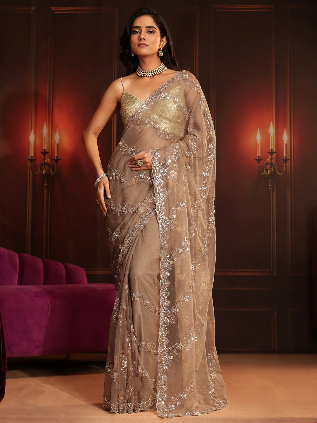 Libas Art Taupe Embellished Net Saree