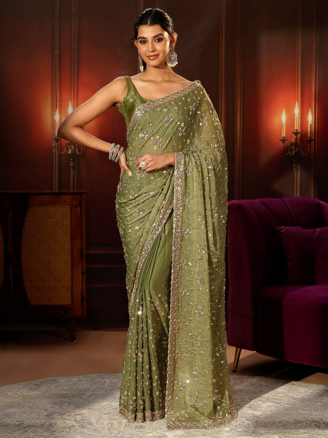 Libas Art Olive Green Embellished Tissue Saree
