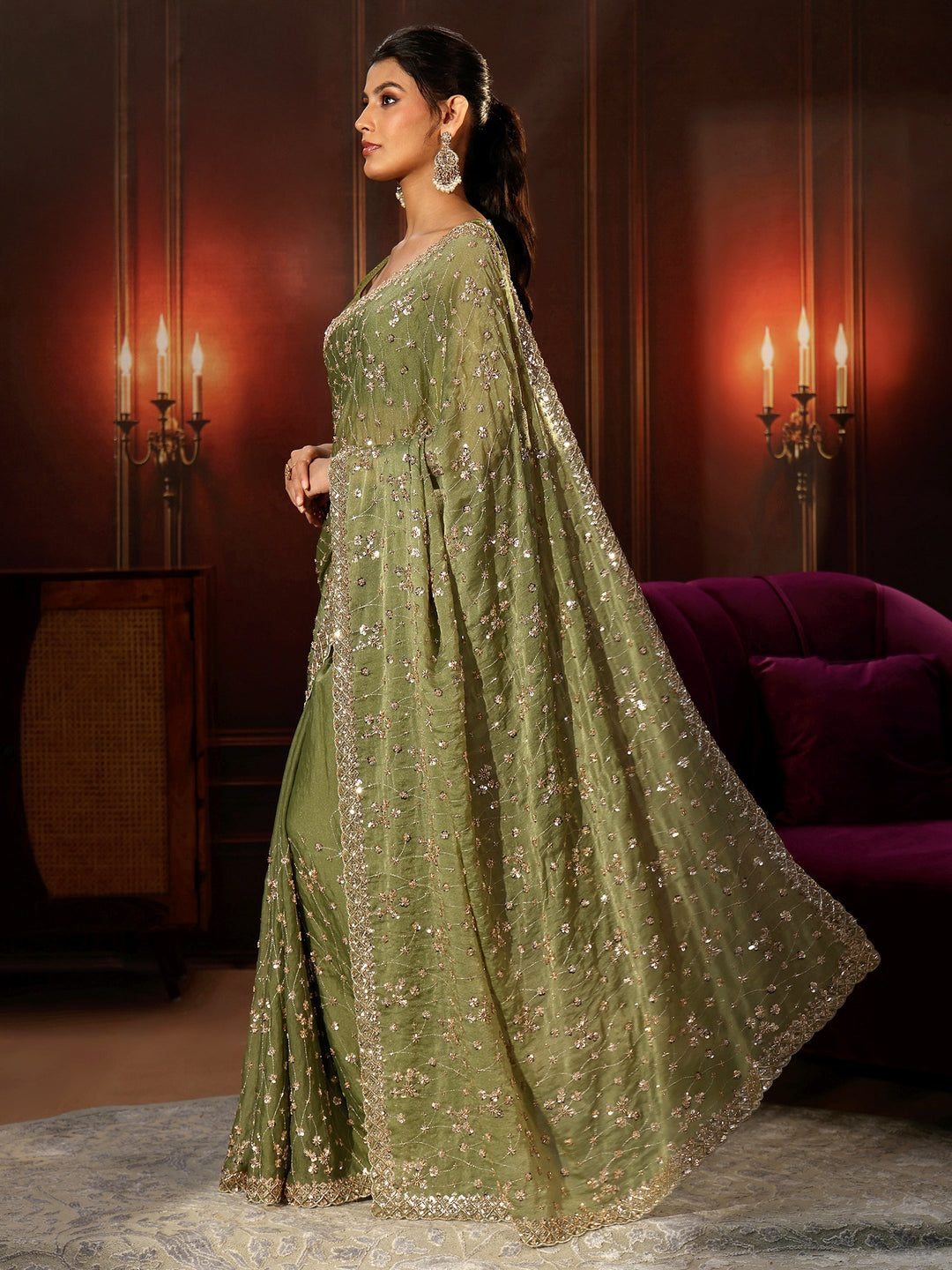 Libas Art Olive Green Embellished Tissue Saree