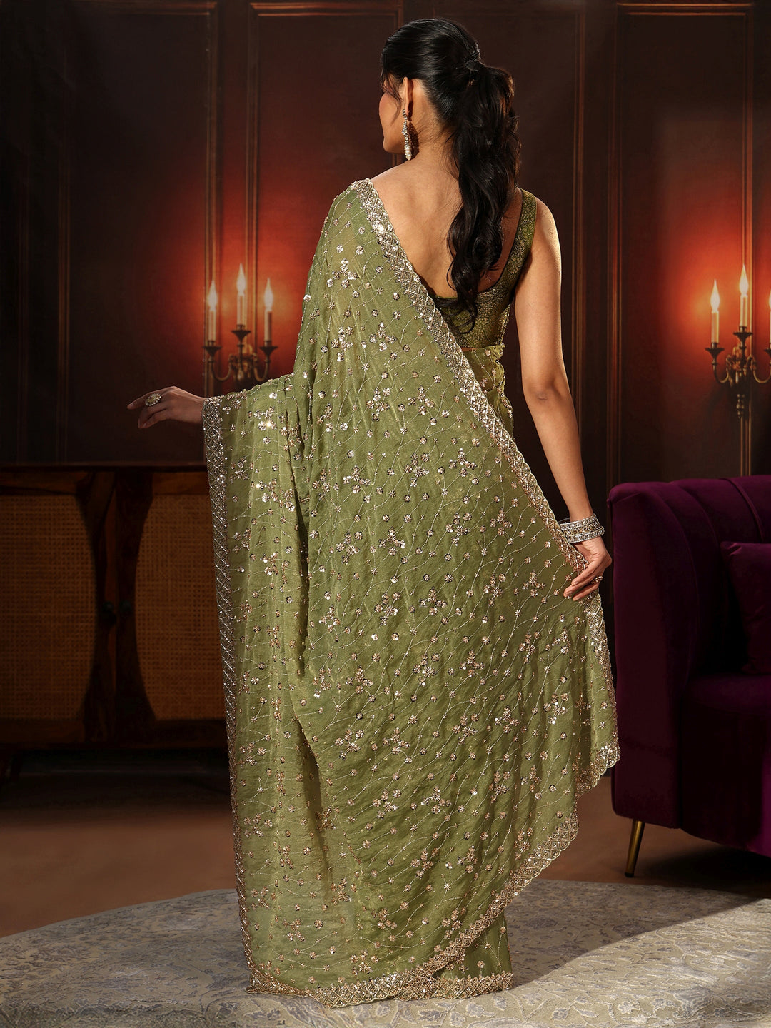 Libas Art Olive Green Embellished Tissue Saree