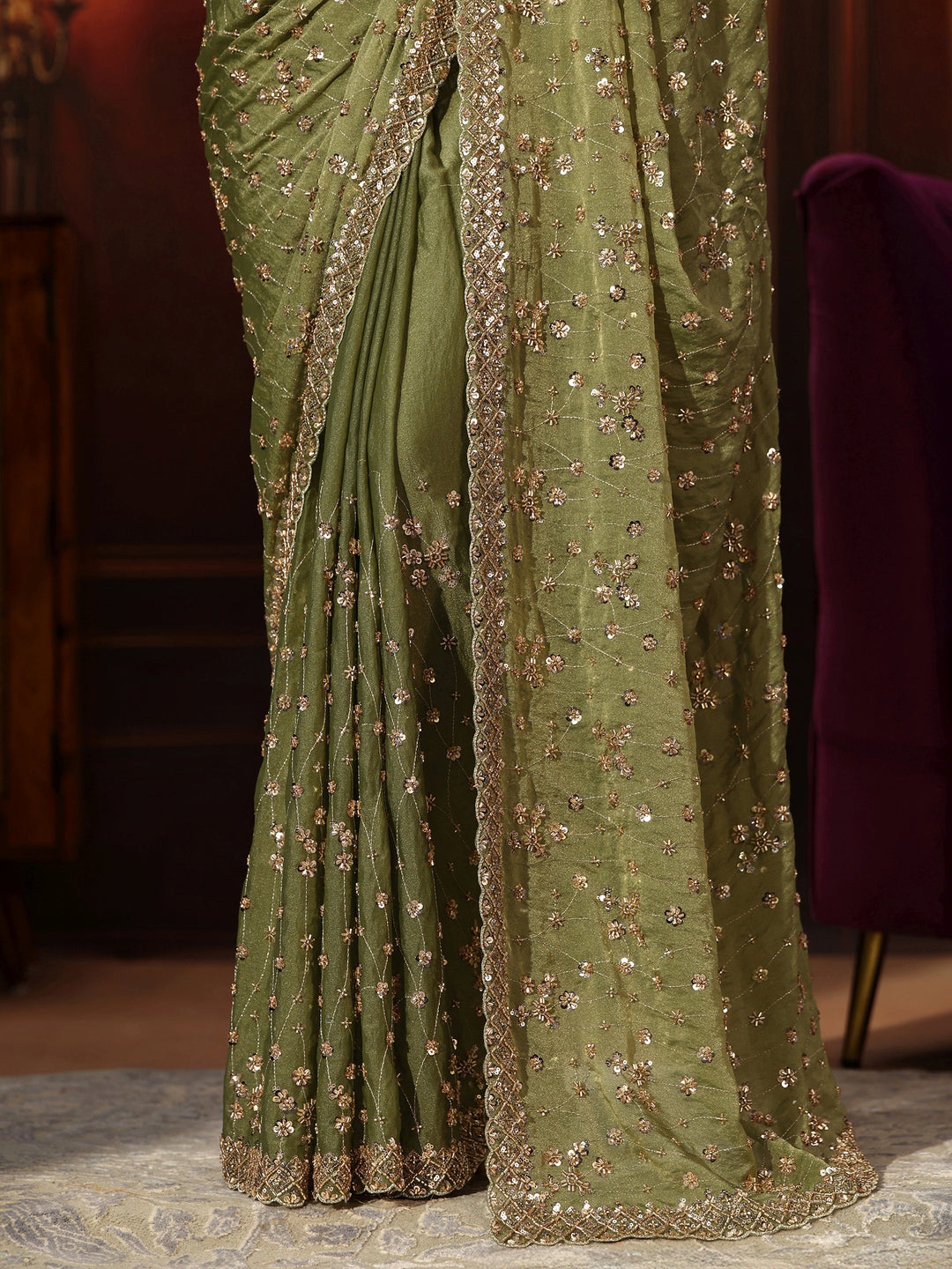 Libas Art Olive Green Embellished Tissue Saree