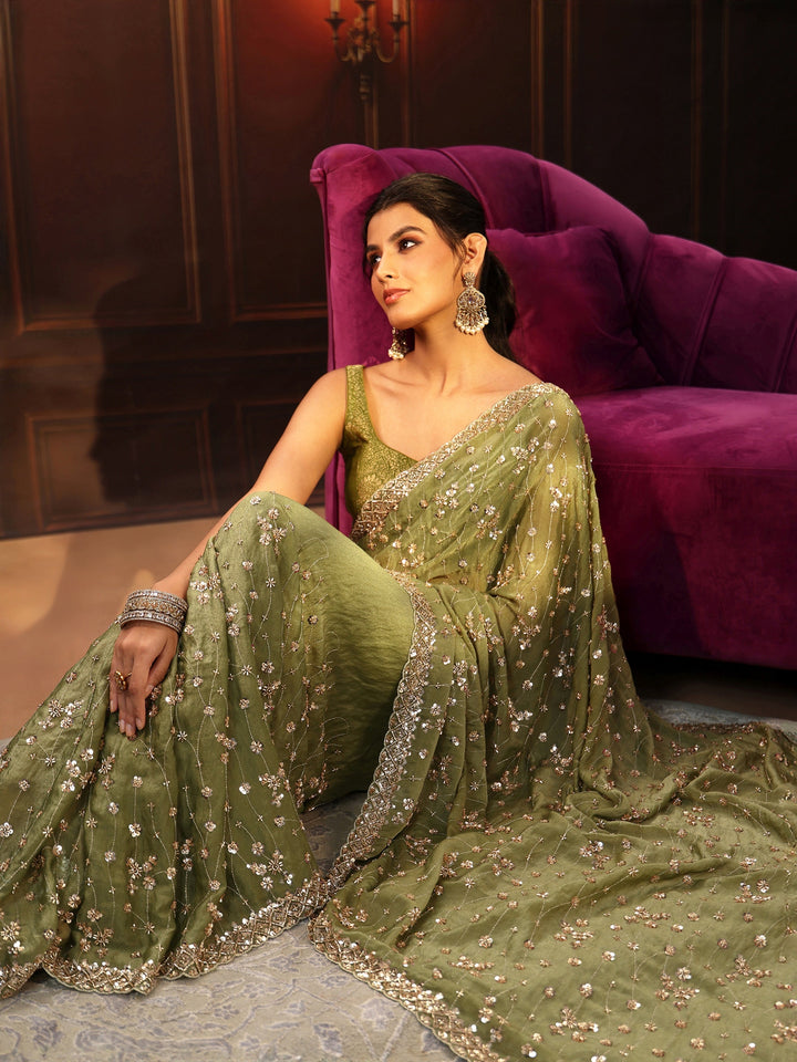 Libas Art Olive Green Embellished Tissue Saree
