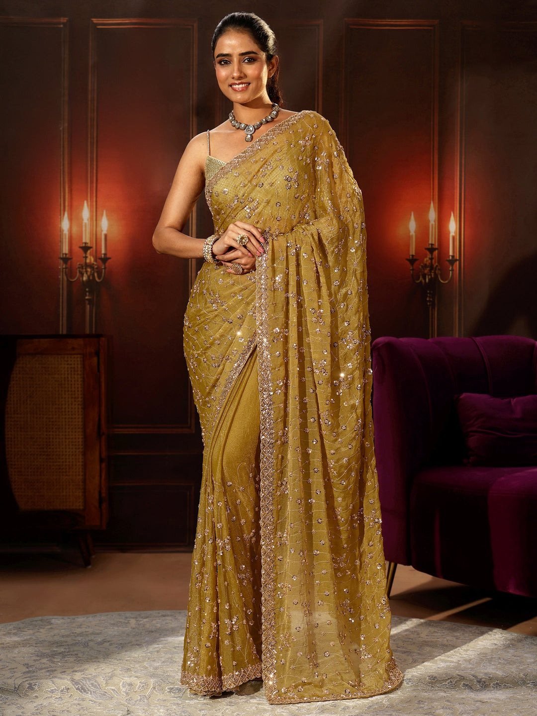 Libas Art Light Henna Green Embellished Tissue Saree