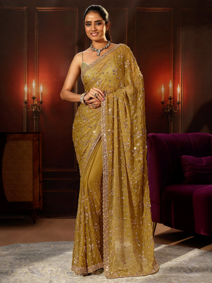 Libas Art Light Henna Green Embellished Tissue Saree