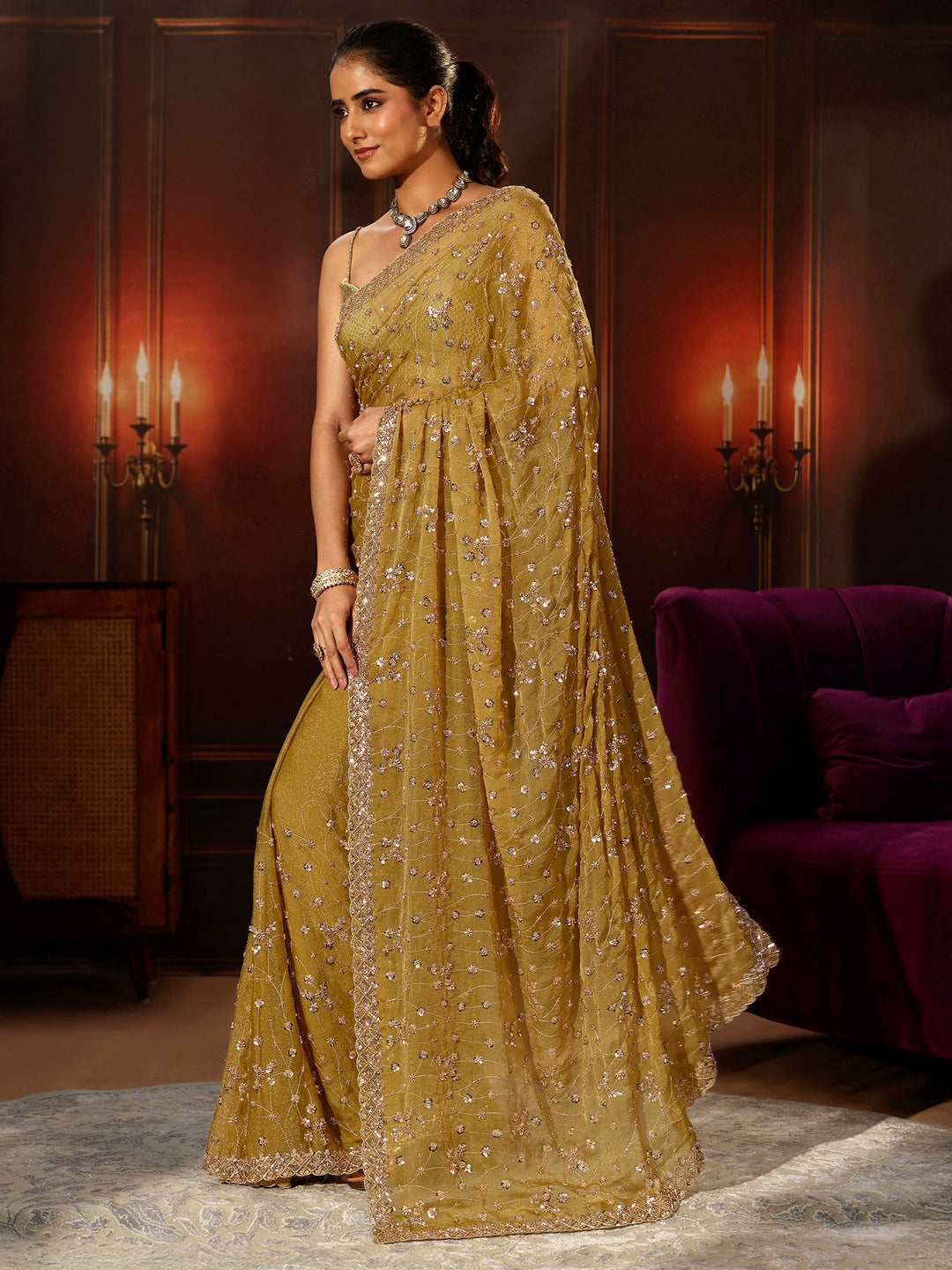 Libas Art Light Henna Green Embellished Tissue Saree