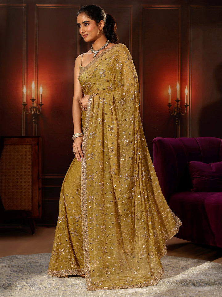 Libas Art Light Henna Green Embellished Tissue Saree