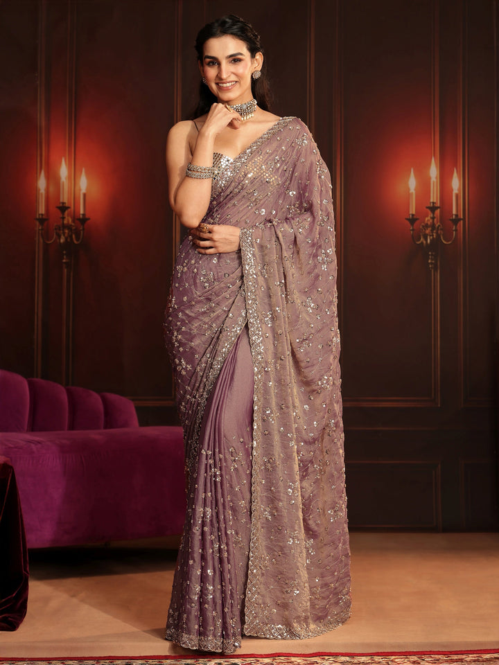 Libas Art Dusty Lavender Embellished Tissue Saree