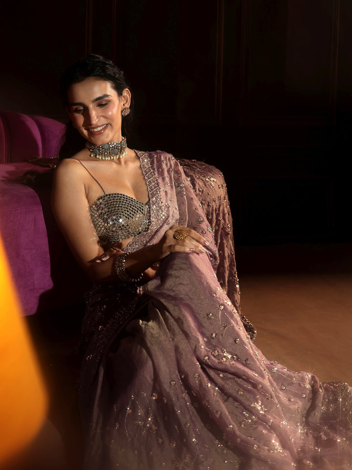 Libas Art Dusty Lavender Embellished Tissue Saree