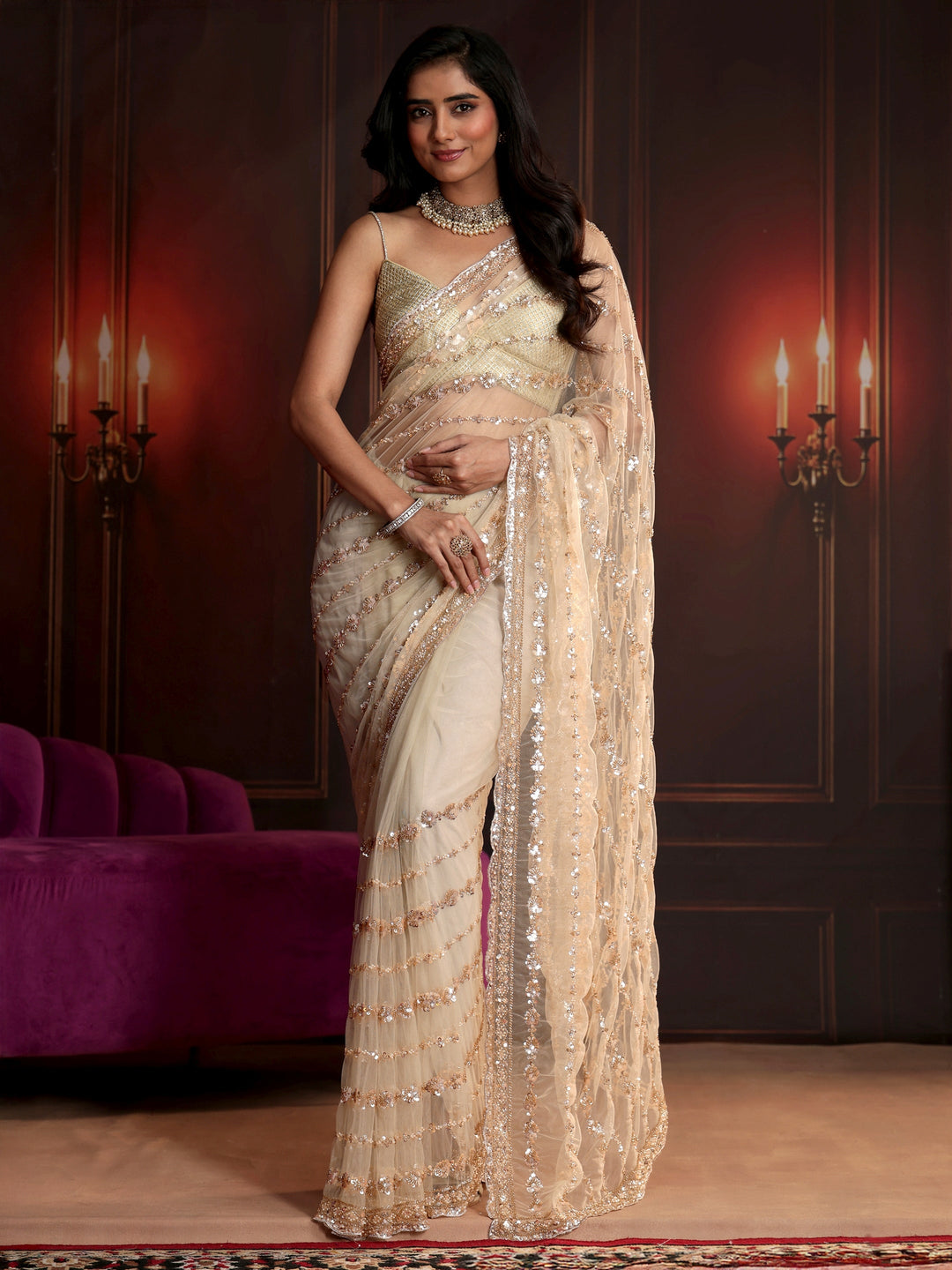 Libas Art Cream Embellished Net Saree
