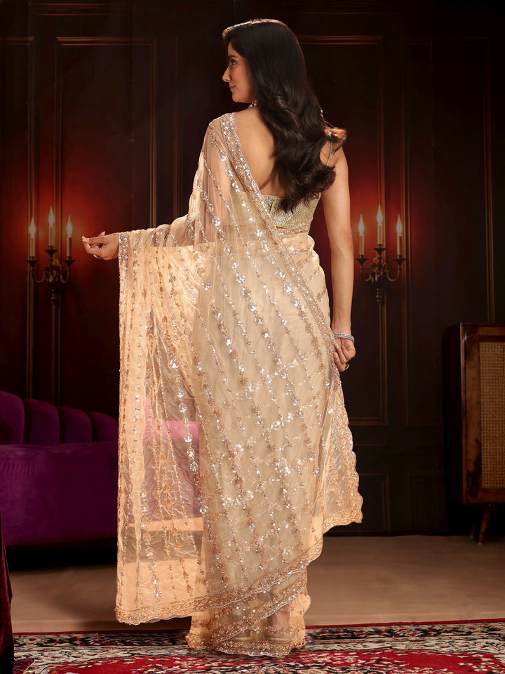 Libas Art Cream Embellished Net Saree