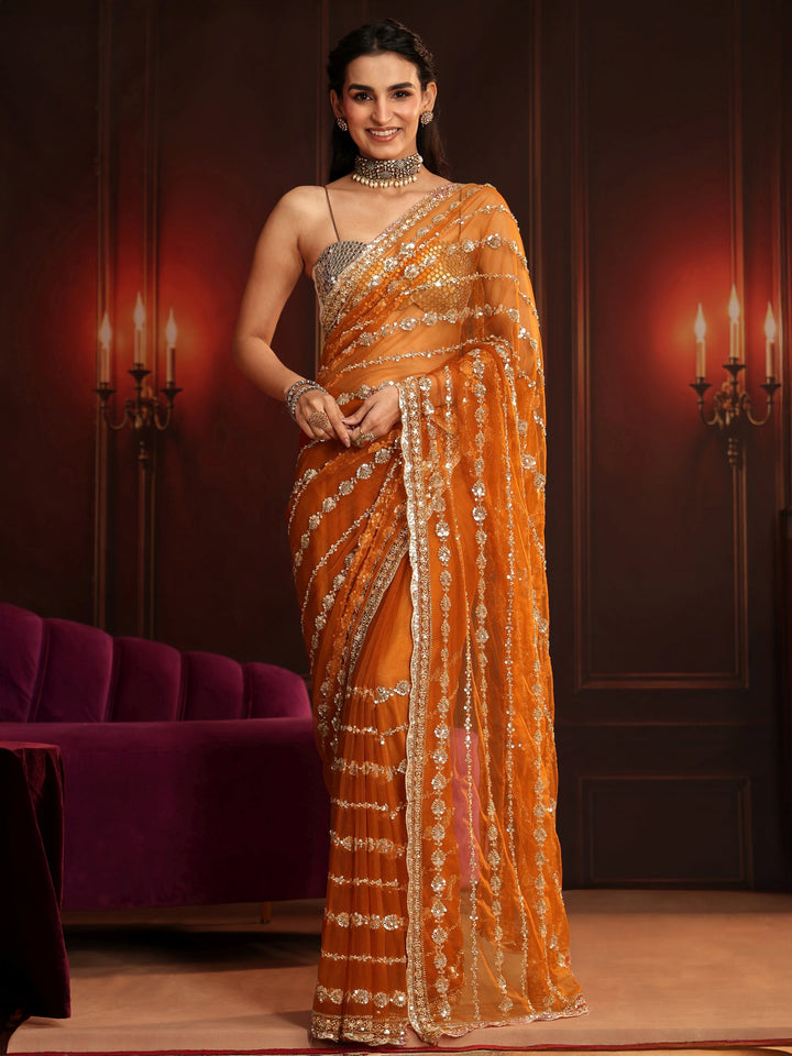 Libas Art Orange Embellished Net Saree
