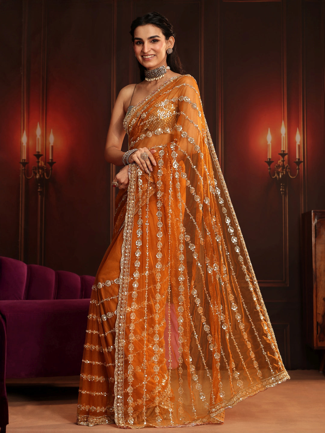 Libas Art Orange Embellished Net Saree