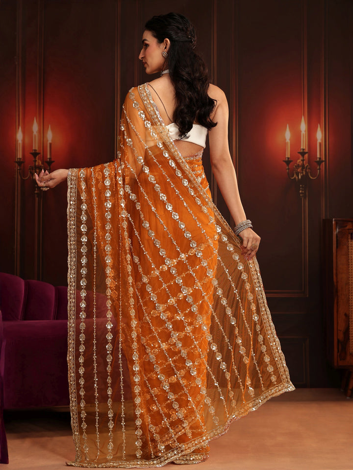 Libas Art Orange Embellished Net Saree