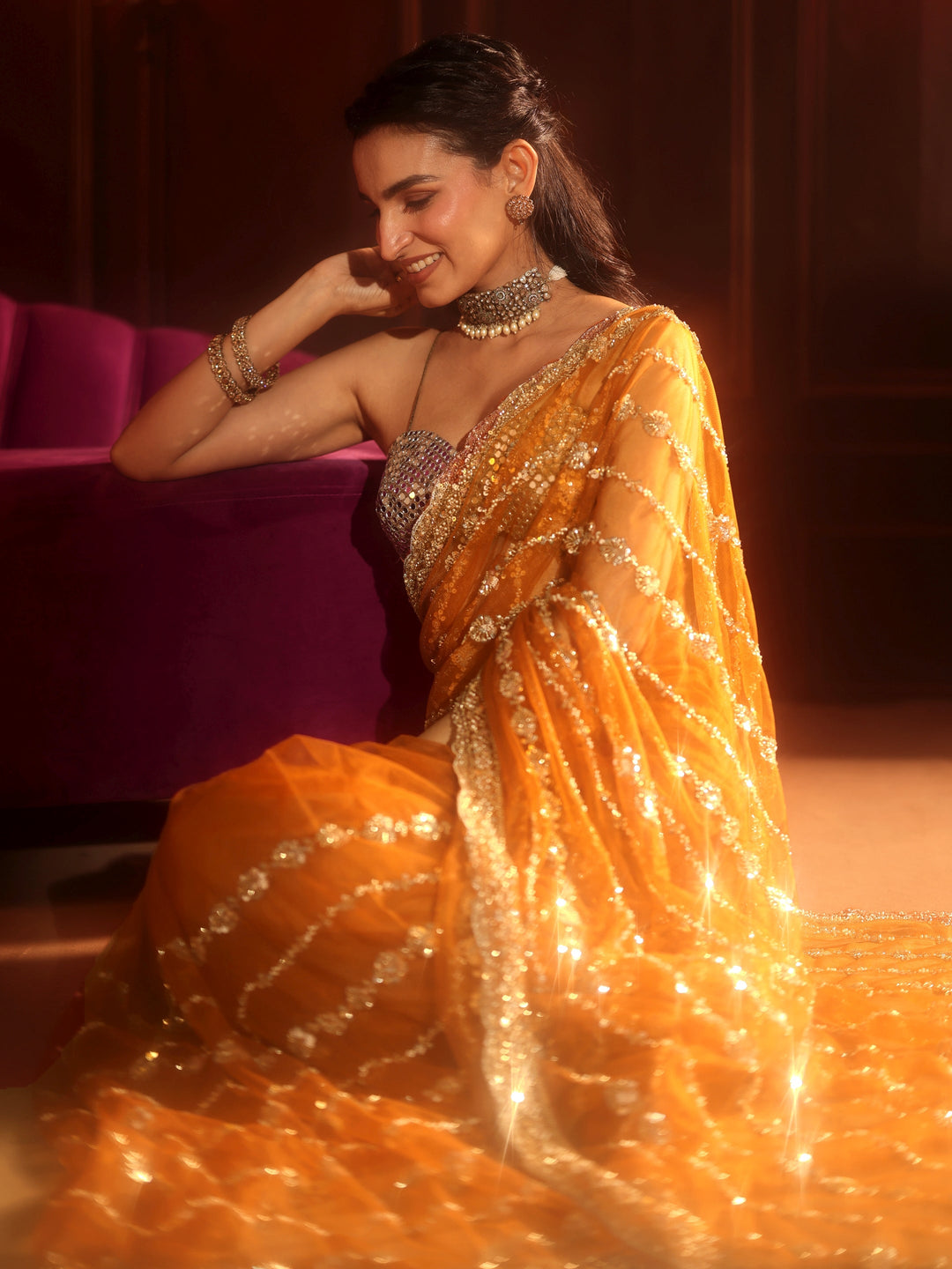 Libas Art Orange Embellished Net Saree
