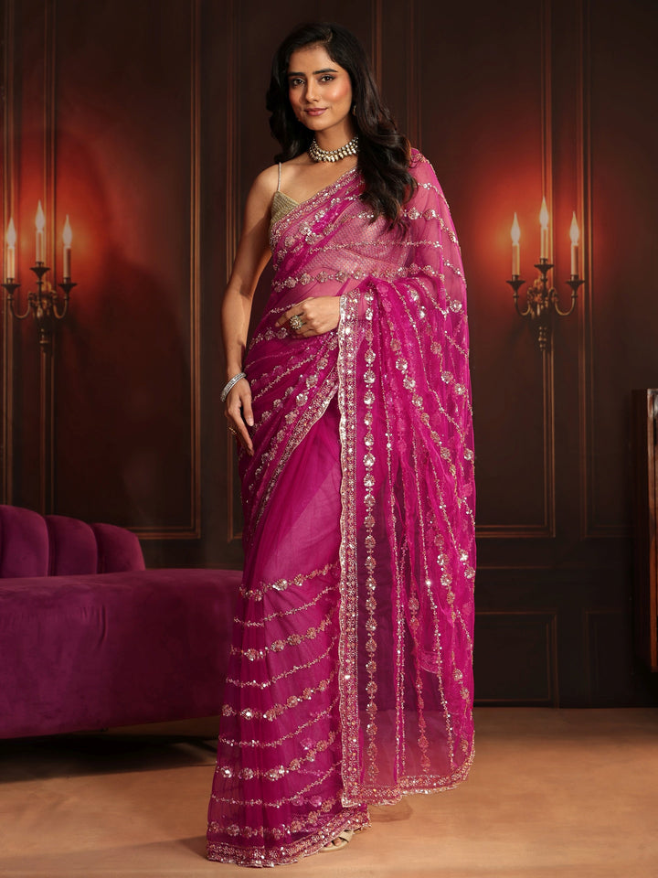 Libas Art Magenta Pink Embellished Net Saree