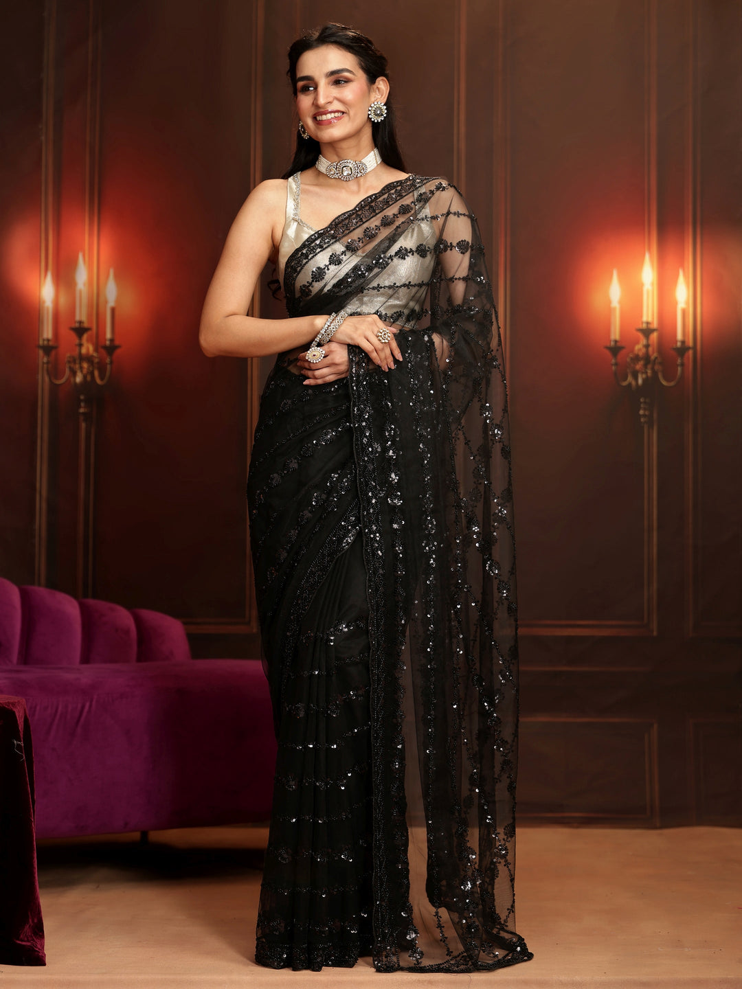 Libas Art Black Embellished Net Saree