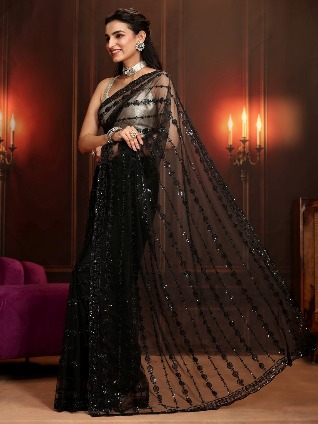 Libas Art Black Embellished Net Saree