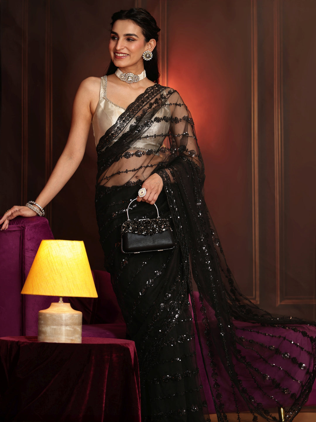 Libas Art Black Embellished Net Saree