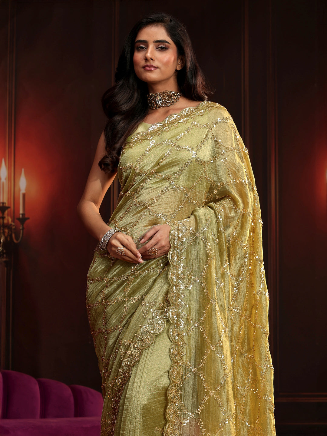 Libas Art Pista Green Embellished Organza Saree