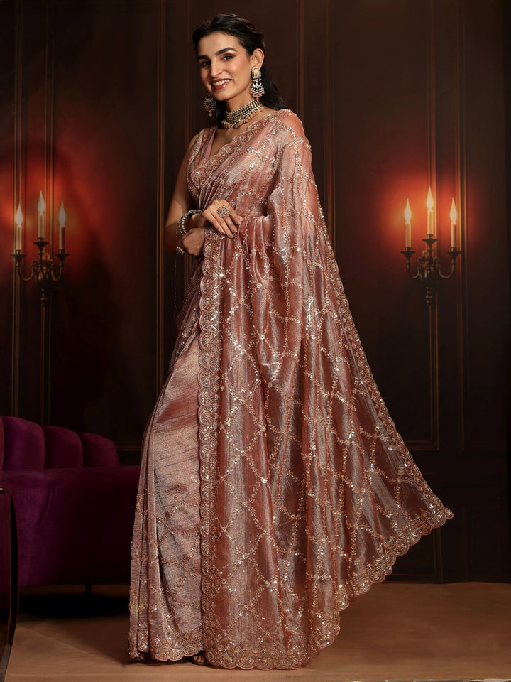 Libas Art Peach Pink Embellished Organza Saree
