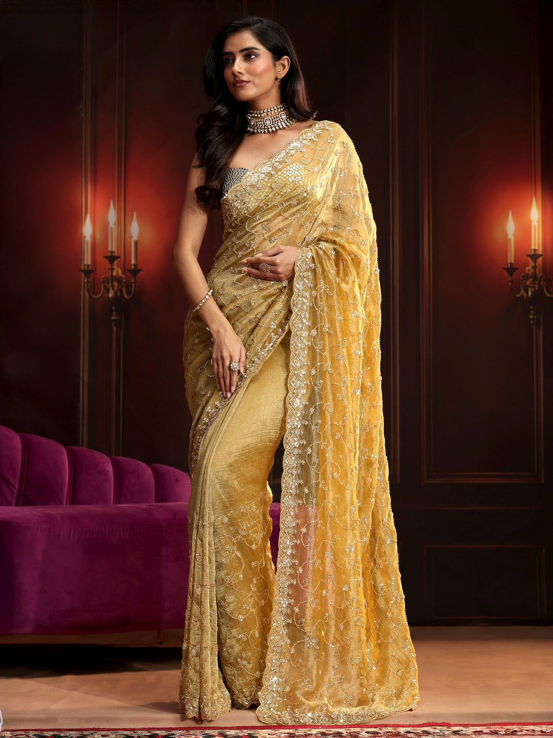 Libas Art Golden Embellished Organza Saree