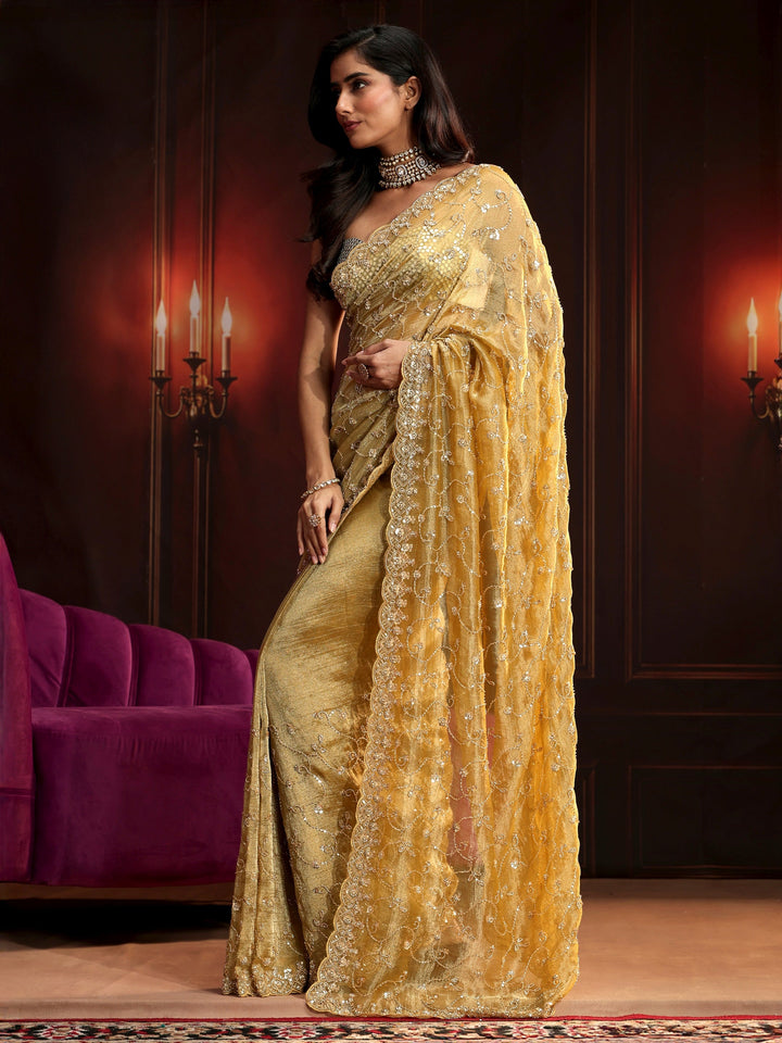 Libas Art Golden Embellished Organza Saree