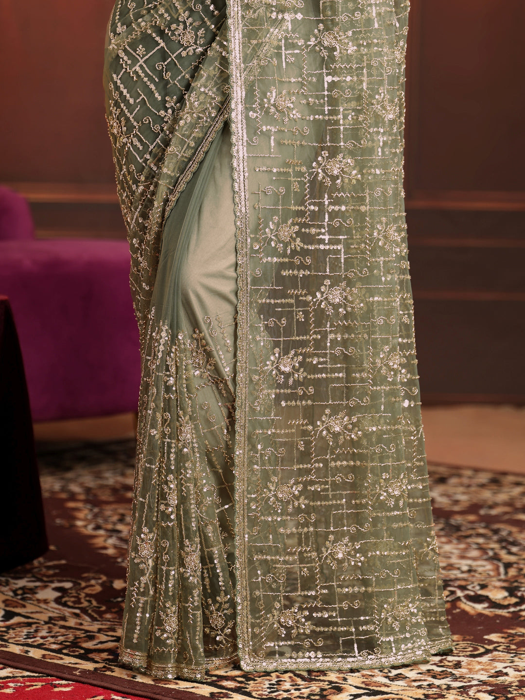 Libas Art Dusty Sage Green Embellished Net Saree