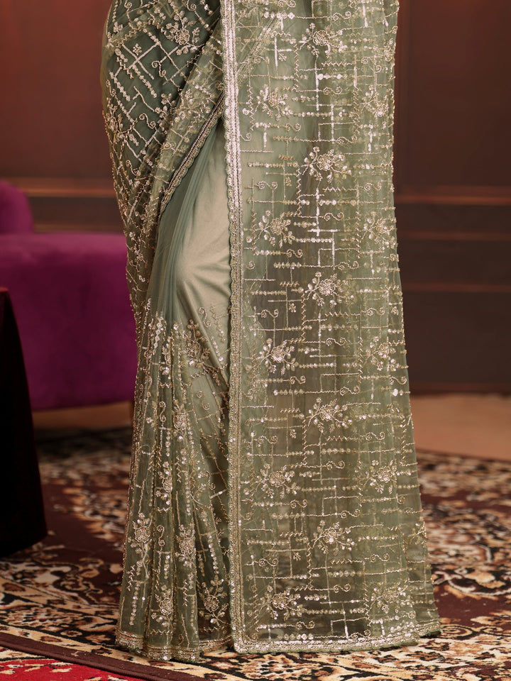 Libas Art Dusty Sage Green Embellished Net Saree