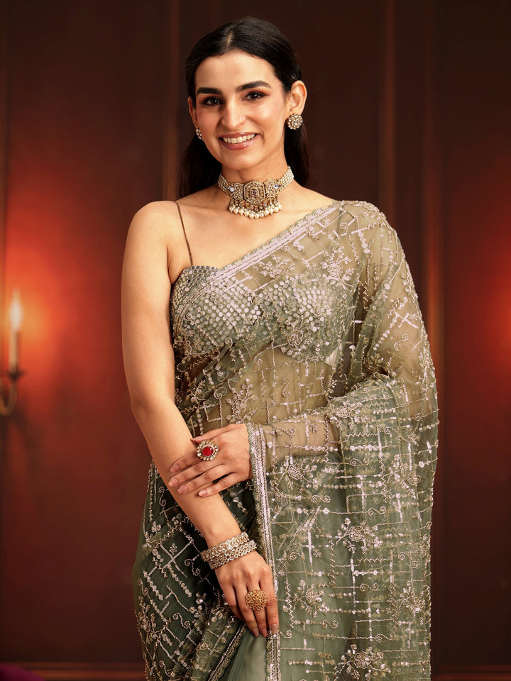 Libas Art Dusty Sage Green Embellished Net Saree