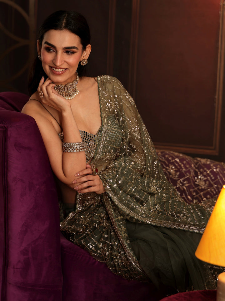 Libas Art Dusty Sage Green Embellished Net Saree