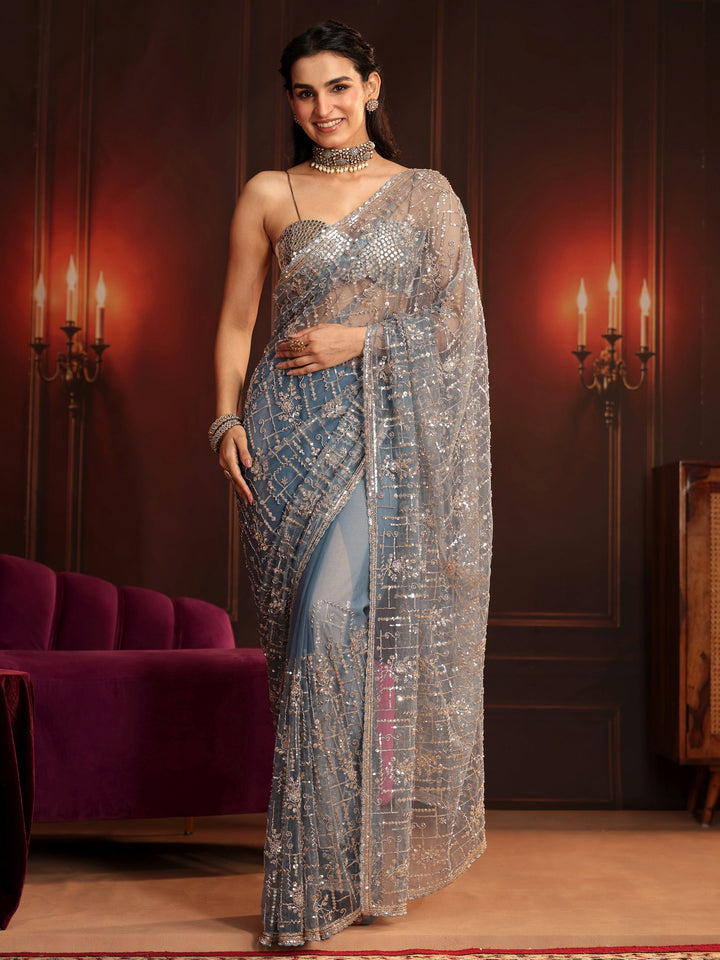 Libas Art Dusty Blue Embellished Net Saree