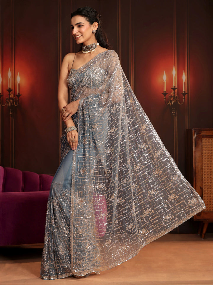 Libas Art Dusty Blue Embellished Net Saree