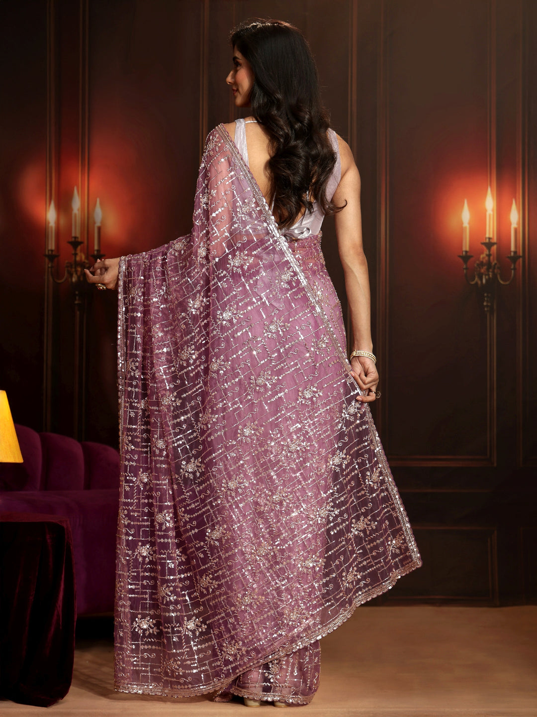Libas Art Purple Embellished Net Saree