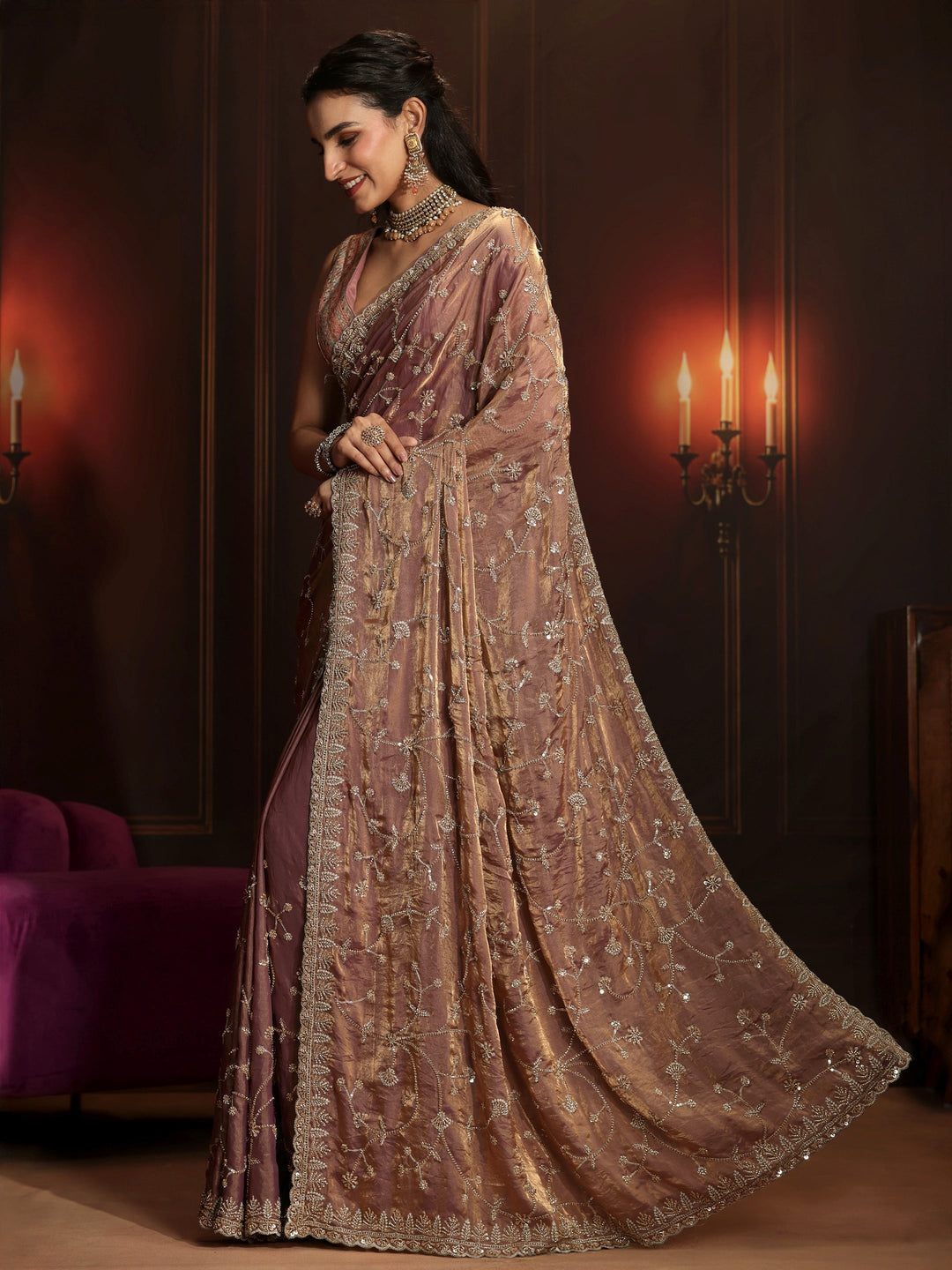 Libas Art Mauve Floral Embellished Tissue Saree