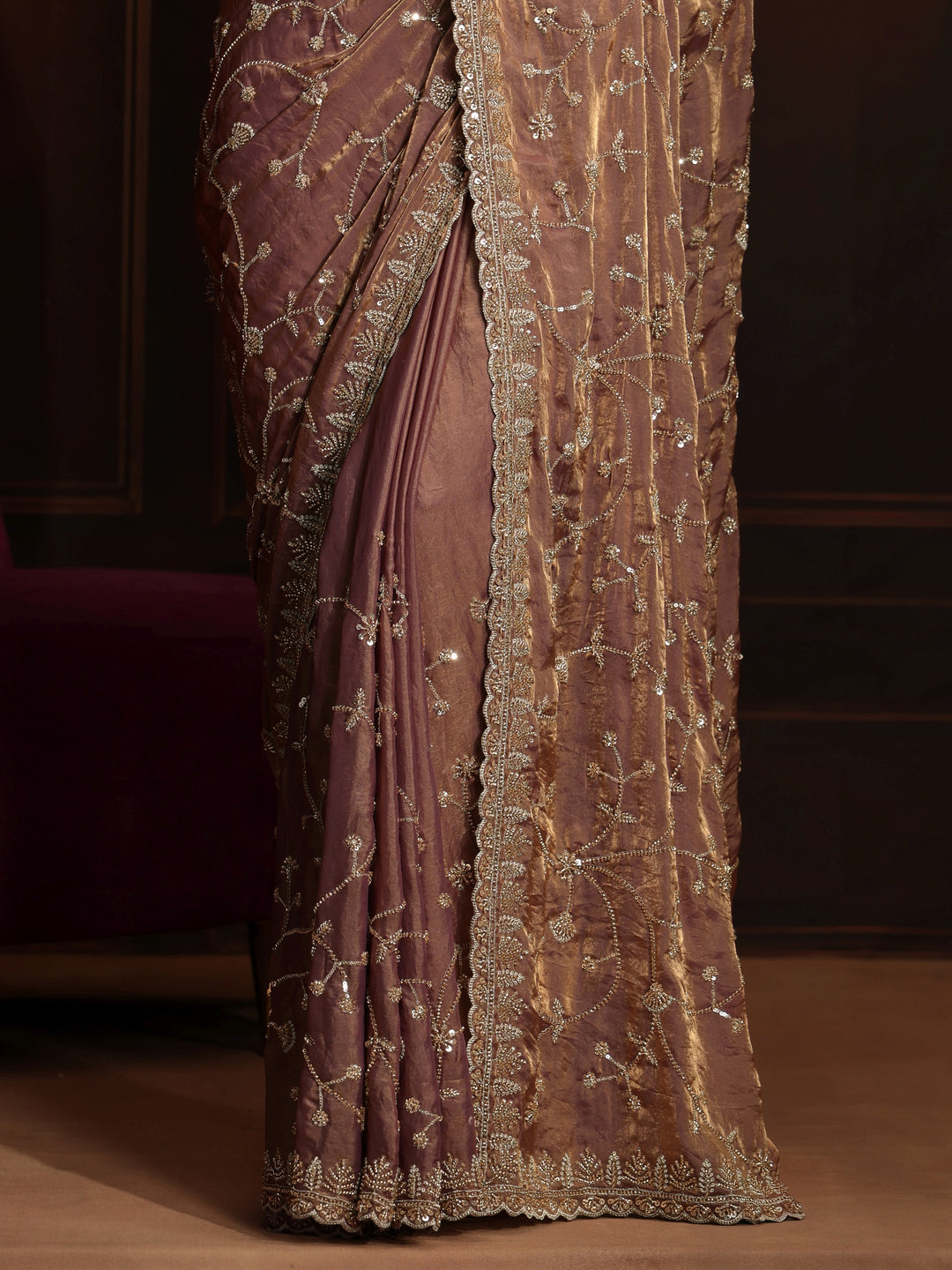 Libas Art Mauve Floral Embellished Tissue Saree