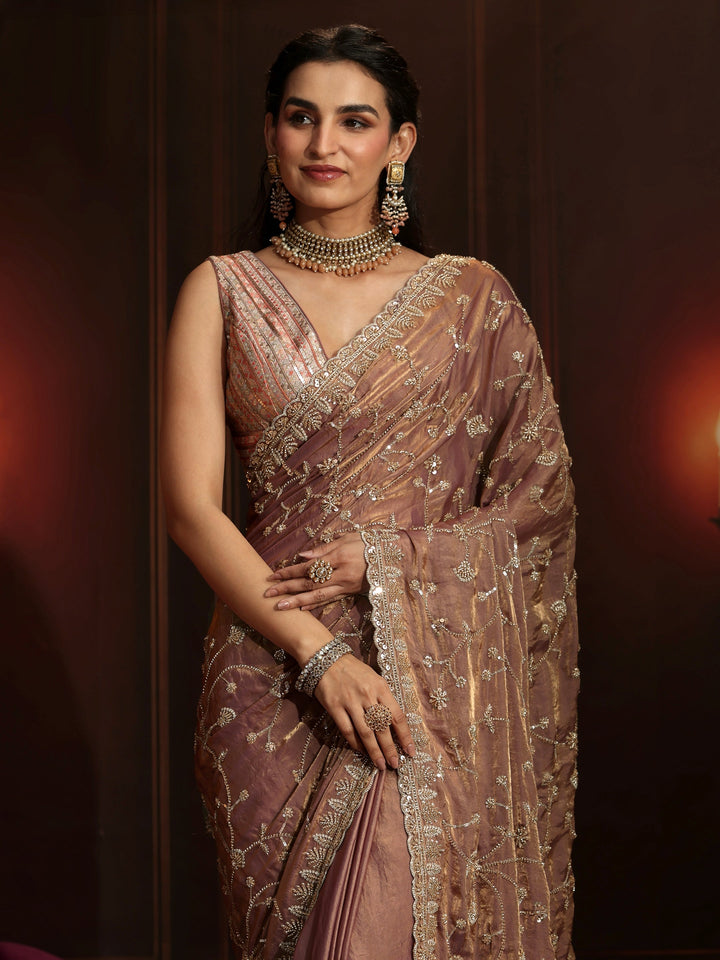 Libas Art Mauve Floral Embellished Tissue Saree
