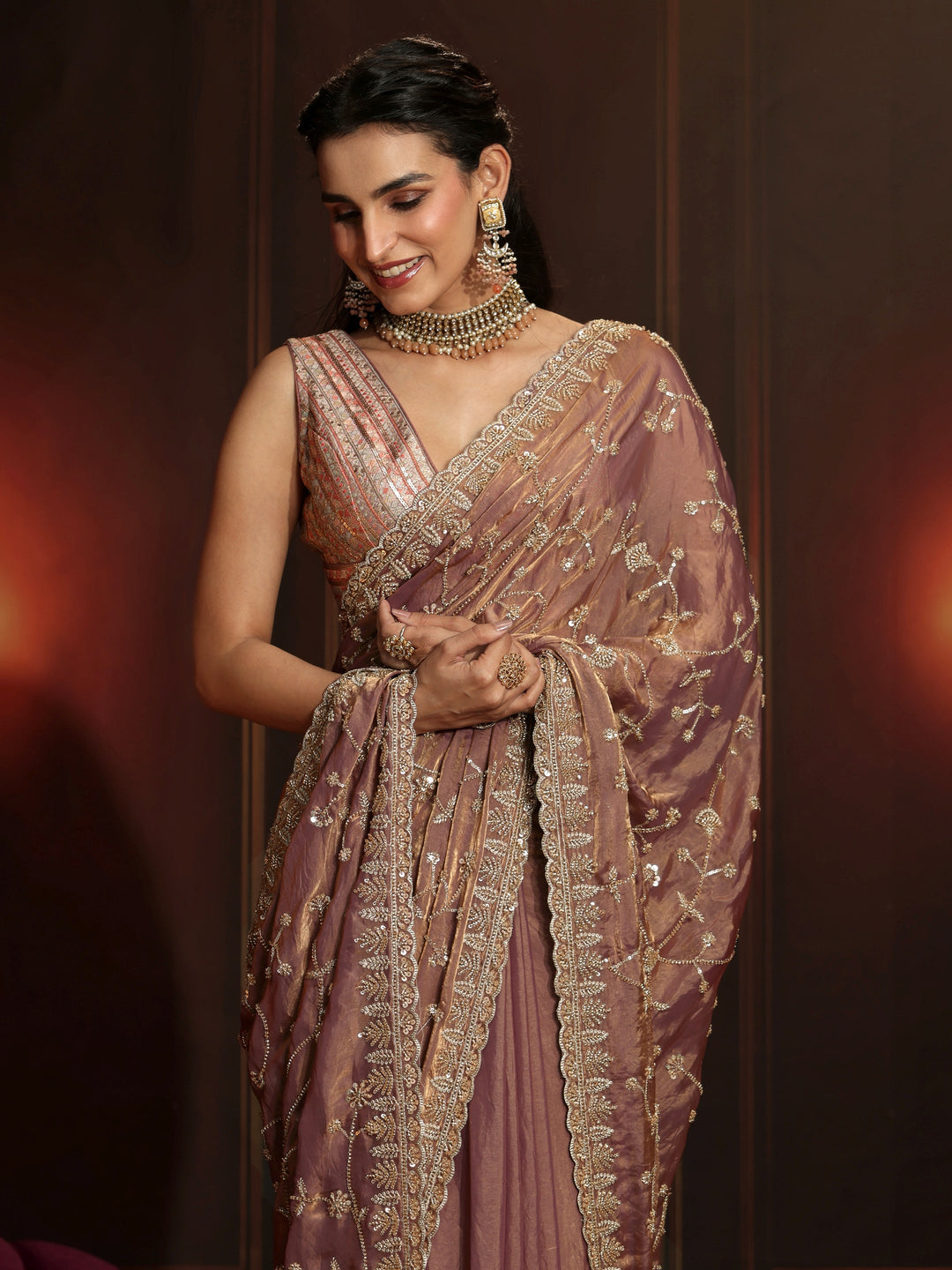 Libas Art Mauve Floral Embellished Tissue Saree