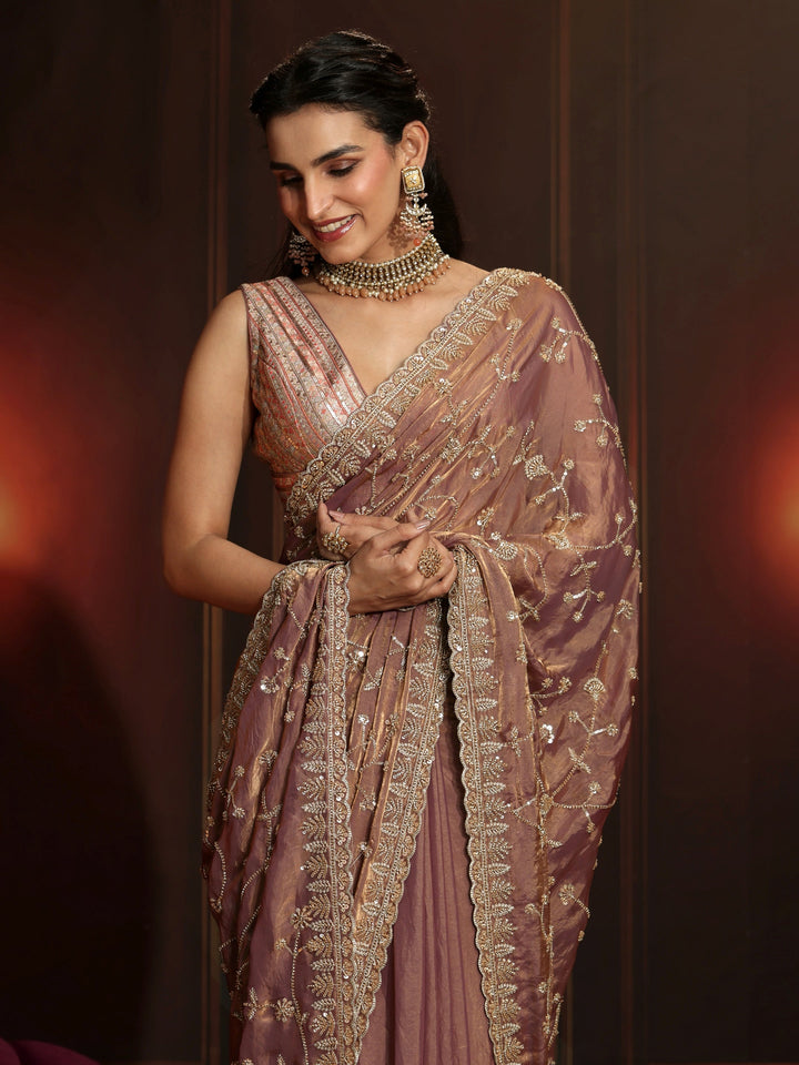 Libas Art Mauve Floral Embellished Tissue Saree
